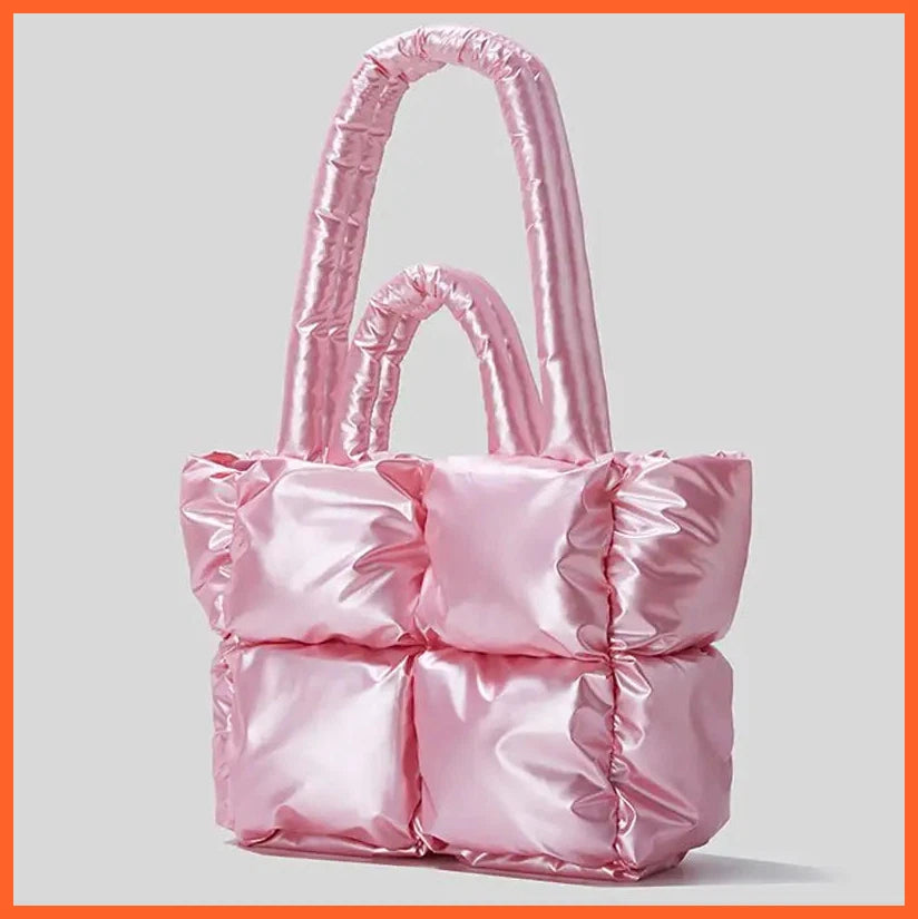 Fluorescent Pink Puffy Tote For Women | Nylon Padded Handbag