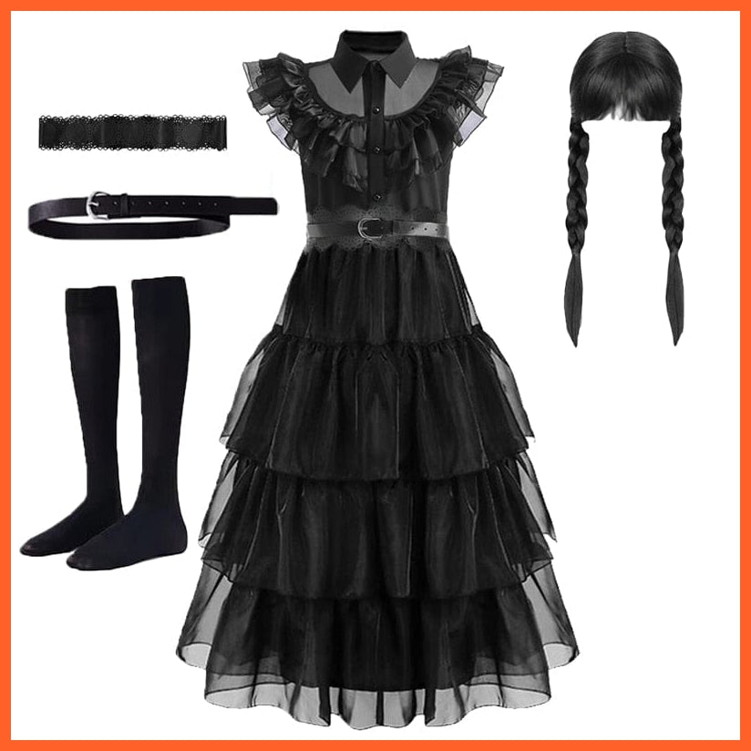 whatagift.com.au 110 5T / 5pcs Suit Wednesday Addams Cosplay Costume For Carnival Halloween For Girl