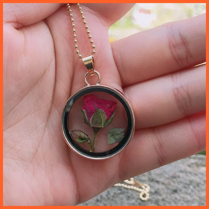whatagift.com.au A1 1Pcs Round Clear Pressed Preserved Fresh Flower Charms Resin Pendants | Rose Petal Pendant Chain Necklace