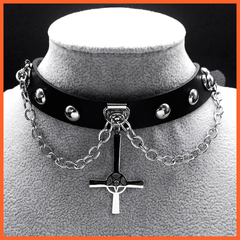 whatagift.uk B 39CM SR Harajuku Choker Goth Satan Inverted Peter's Cross Necklace Stainless Steel PU Leather Cosplay Anime Necklaces Jewelry Gift NXS03