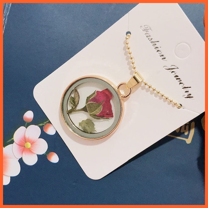 whatagift.com.au B1 1Pcs Round Clear Pressed Preserved Fresh Flower Charms Resin Pendants | Rose Petal Pendant Chain Necklace
