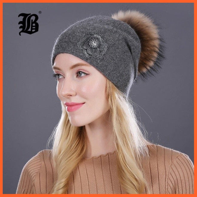 Knitting Wool Hats Raccoon Fur Pom Pom Bobble Hats | Women Skullies Beanies Warm Autumn Cap Winter Hats | whatagift.com.au.