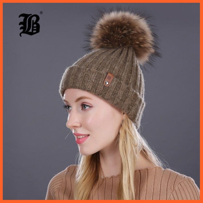 Winter Beanie Hats For Women | Girls Knitted Wool Beanies Cap Natural Raccoon Mink Fur Pom Poms Womens Hat | whatagift.com.au.
