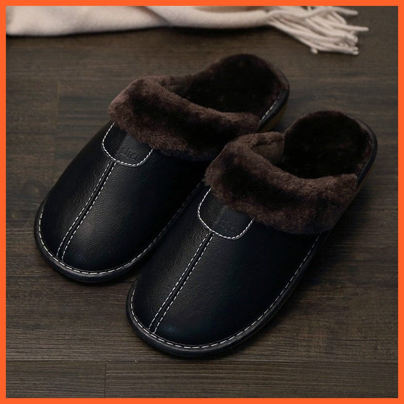 whatagift.com.au Black / 6.5 Men Winter Leather Slippers Cotton Slippers | Waterproof Thick Plus Velvet Indoor Warm Slippers