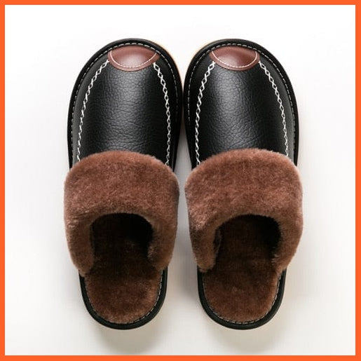 whatagift.com.au Black Brown / 6.5 Men Winter Leather Slippers Cotton Slippers | Waterproof Thick Plus Velvet Indoor Warm Slippers