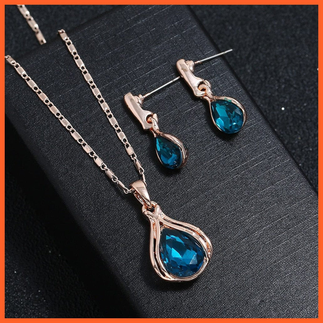 whatagift.com.au Blue Green Water Drop Crystal Earrings Necklace Set For Women