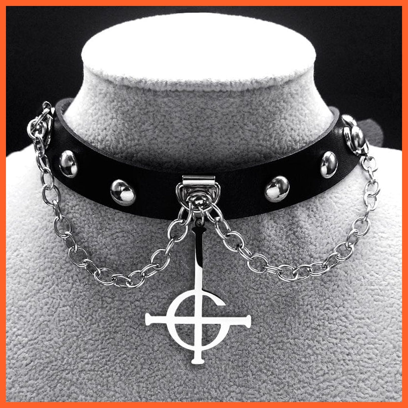 whatagift.uk C 39CM SR Harajuku Choker Goth Satan Inverted Peter's Cross Necklace Stainless Steel PU Leather Cosplay Anime Necklaces Jewelry Gift NXS03
