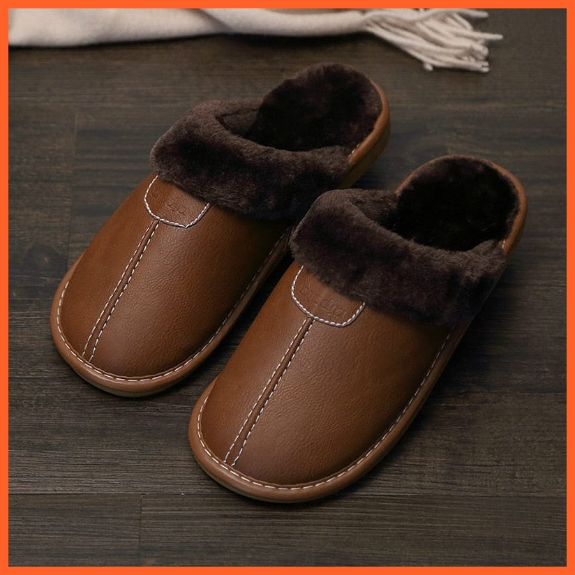 whatagift.com.au Coffee / 6.5 Men Winter Leather Slippers Cotton Slippers | Waterproof Thick Plus Velvet Indoor Warm Slippers