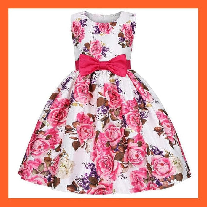 whatagift D3074-Rose / 2T Floral Print Dresses For Girls