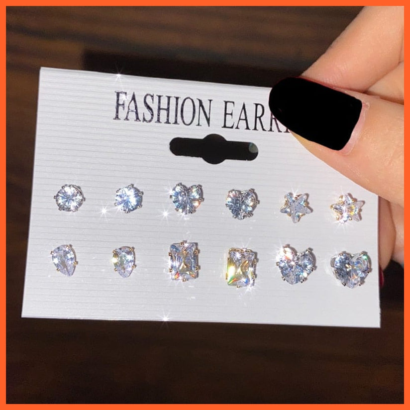 Trendy Geometric Star Heart Rhinestone Stud Earrings For Women | Fashion Silver Color Crystal Earrings Set Jewelry Gift | whatagift.com.au.