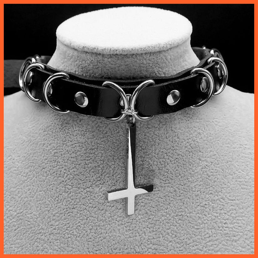 whatagift.uk G Harajuku Choker Goth Satan Inverted Peter's Cross Necklace Stainless Steel PU Leather Cosplay Anime Necklaces Jewelry Gift NXS03