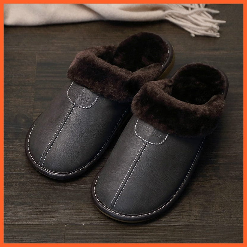 whatagift.com.au Gray / 6.5 Men Winter Leather Slippers Cotton Slippers | Waterproof Thick Plus Velvet Indoor Warm Slippers