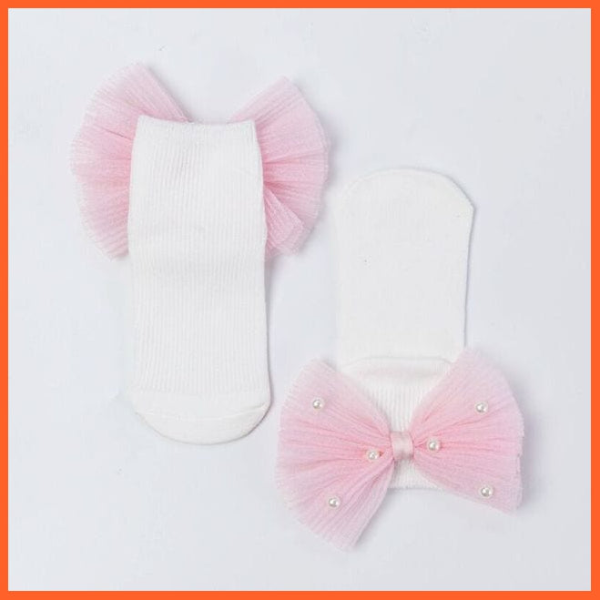 whatagift.com.au kids socks White Pink Bead Bow / S(1 To 3 Years) New Baby Toddlers Infant Cotton Ankle Socks With Bow Beading Princess Cute Socks