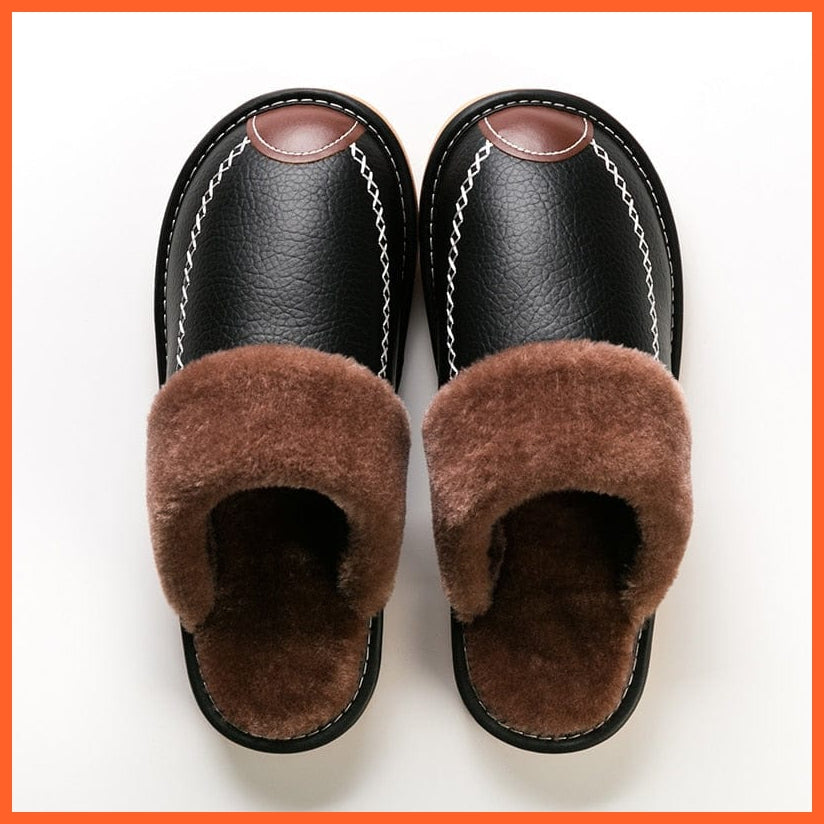 whatagift.com.au Men Winter Leather Slippers Cotton Slippers | Waterproof Thick Plus Velvet Indoor Warm Slippers