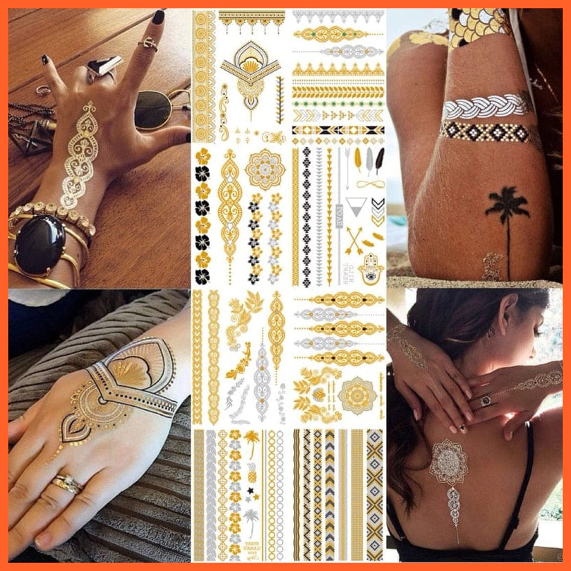 Flash Metallic Waterproof Tattoo Gold Silver | Women Fashion Henna /Peacock Feather Design Temporary Tattoos | whatagift.com.au.