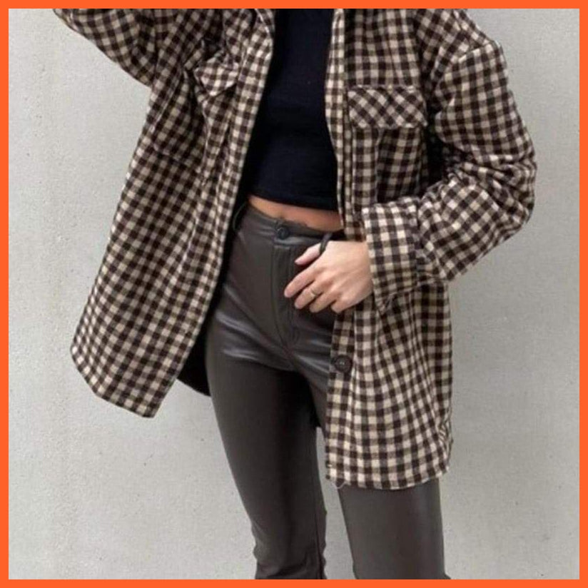 Casual Plaid Outerwear Straight Brown Shirt For Women | whatagift.com.au.