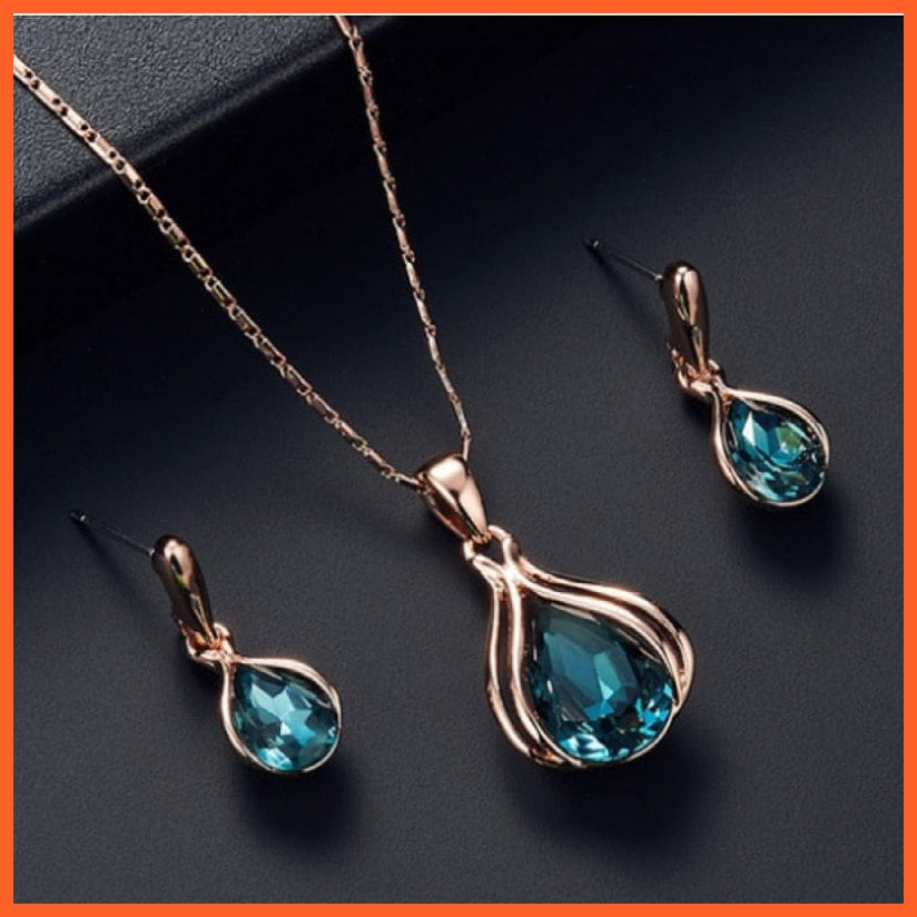 whatagift.com.au X1059-blue / China / 45cm Blue Green Water Drop Crystal Earrings Necklace Set For Women
