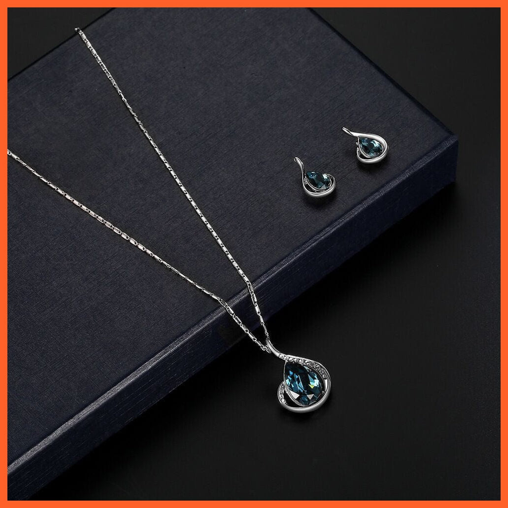 whatagift.com.au X1247-silver / China / 45cm Blue Green Water Drop Crystal Earrings Necklace Set For Women